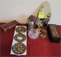E - LOT OF CANDLE HOLDERS, MIRROR, WOOD BOXES (R39