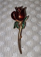 Vintage Enamel Ruby Rose Pin