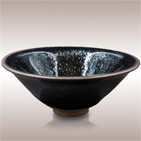 Chinese Iridescent Black Glazed Tea Bowl With Char