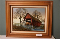 H Hargrove Oil on Canvas Horse & Covered Bridge