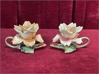Capodimonte Rose Porcelain Candle Holders - Note