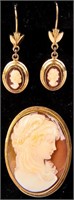 Jewelry 18kt Yellow Gold Cameo Pendant + Earrings