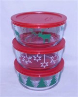 3 Pyrex four cup glass storage bowls w/ lids,