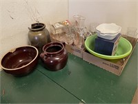 Crock bowl, chipped; crock jar, chipped, more
