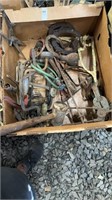 Box lot of tools and horse shoes