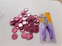 100 Flattened Pink Bottle Caps & Hole Punch