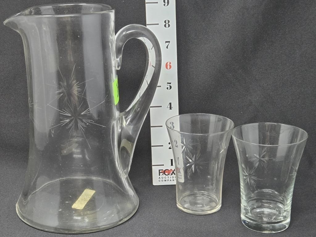 Cut Clear Glass Pitcher & (2) Glasses