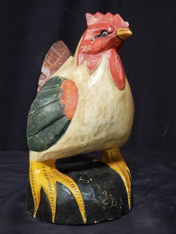 Hand painted carved wood chicken figure