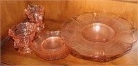 Pink Depression Glassware, Creamer, Sugar, Plate,