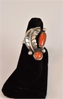 Indian Silver Double Coral Stone w/Feather Ring