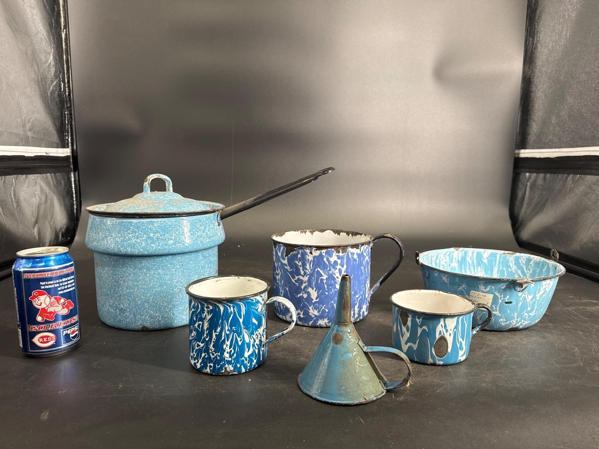 6 PIECE LOT OF NICE OLD BLUE WHITE GRANITEWARE