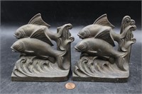 Pair Antique Hubley Art Deco Iron Fish Bookends