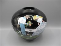 Fenton Louis Piper HP ebony vase w/ Boy & Girl