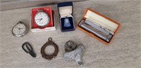 Box lot of small collectibles, harmonica, watches+
