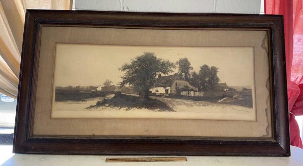 LANDSCAPE ETCHING FRAMED ART-APPROX. 38”x18”/SOME