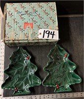 2 Christmas Tree Pottery Dishes Trays Decorations