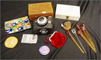 Two jewellery boxes, an Agfa camera, antique pipe