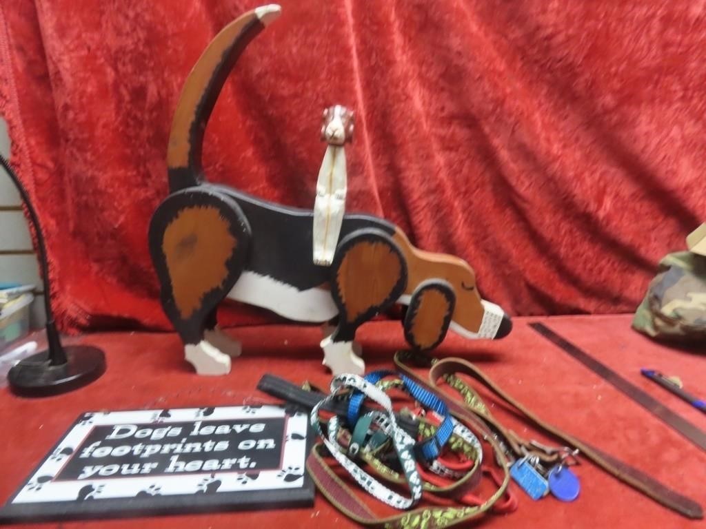 Wood beagle dog figure, dog leashes.