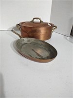 Oval copper covered roasting pan, oval saute pan,