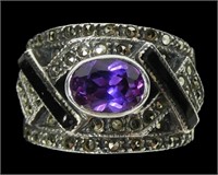 Sterling silver wide band purple sapphire, onyx