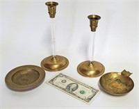 MCM BRASS CANDLE STICK HOLDERS, TRAY, ASHTRAY