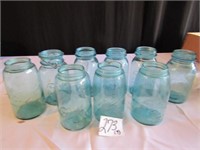 9-BALL IDEAL AND MASON BLUE QUART JARS. ONE IS A
