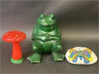 Painted Mushroom, Butterfly Stone & Lounging Frog