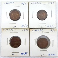 4 pièces de 1¢ CANADA 1927, 1932, 1933 et 1936