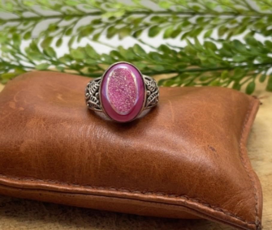 Druzy Pink Stone .925 Sterling Silver Ring Size 10