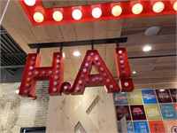 'HA!' Ceiling Mount Sign w/ Bulb Lights