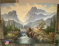 Mountain Waterfall, Bridge Oil on Canvas, signed