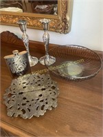 Silver plate trivet, basket, flask and candle