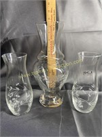 3 etched crystal vases