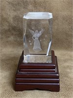 Etched Glass Paperweight with Lighted Stand