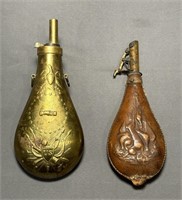 2 Antique Powder Flasks, Brass Peace Flask,