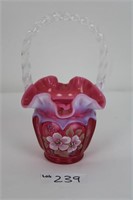 Fenton glass basket  Flower print, pink and white