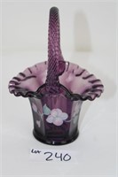 Fenton glass basket  Flower print purple 7"T
