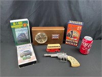 Assorted Train VHS & Clock w Toy Pistol & Bus