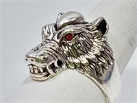 Wolf Head Ring Size 9 Red Crystal Eyes NEW