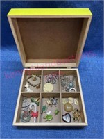 Wooden box w/ various jewelry