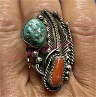 Sterling silver turquoise & coral ring sz 8(11.4g)