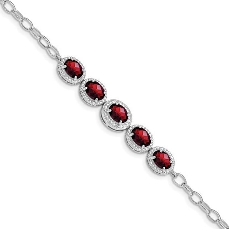 Sterling Silver Rhod-plated Garnet Bracelet