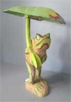 Wood carved frog statue, 13".