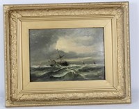 SIGNED T HALL SHIP AT SEA OIL PAINTING GILT FRAME