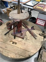 Tire changer on wood base, w/ accessories