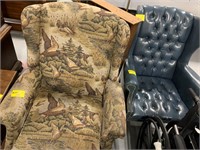 DUCK THEMED ACCENT CHAIR, BLUE LEATHER WINGBACK
