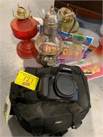 GROUP OF OIL LAMPS, COFFEE POT, CANON REBEL