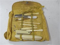 Antique Manicure Set In Roll Up Case