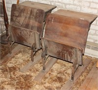 2 vintage school desks with fold up benches