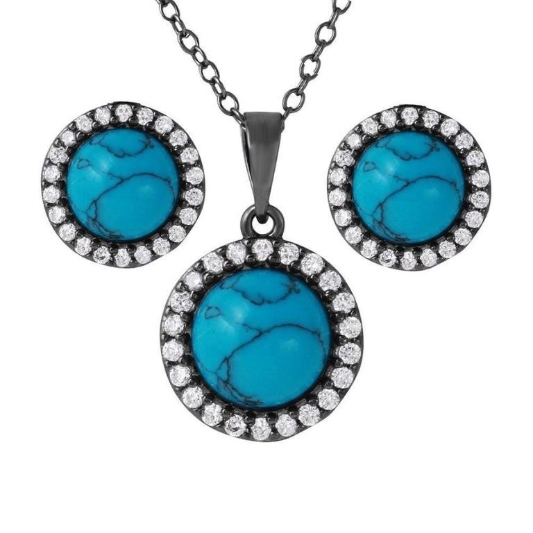 Sterling Silver Black Rhodium Turquoise Set